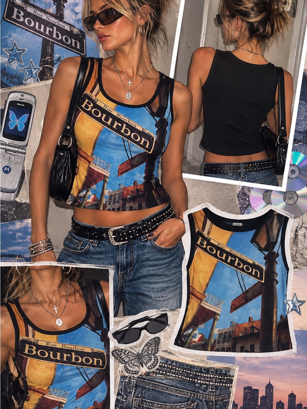 Bourbon Graphic Sleeveless Crop Tank Top - Black/Blue/Yellow